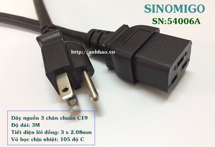 Dây nguồn 3 chân chuẩn C19 dài 3M Sinoamigo SN: 54006A công suất 15A